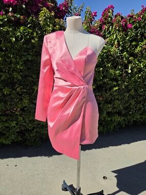 NBD Hot Pink One-Shoulder Satin Asymmetrical Mini Dress Sold At Revolve And More
